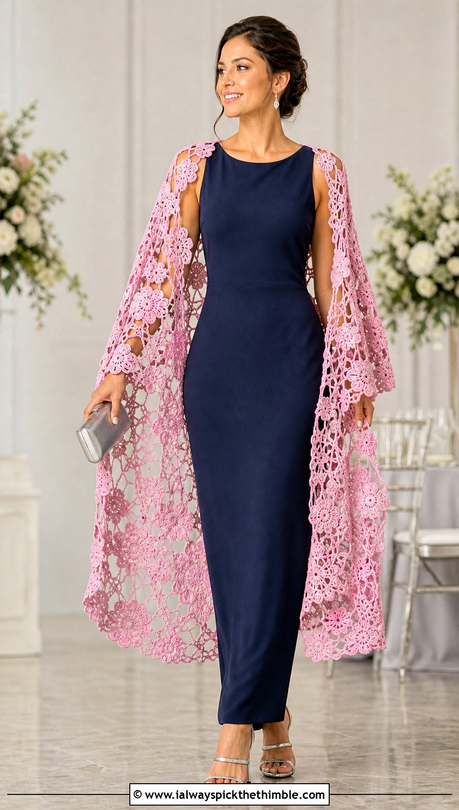 Floral Mesh Irish Crochet Wrap With Column Dress - 20 Irish Crochet Shawl outfit ideas