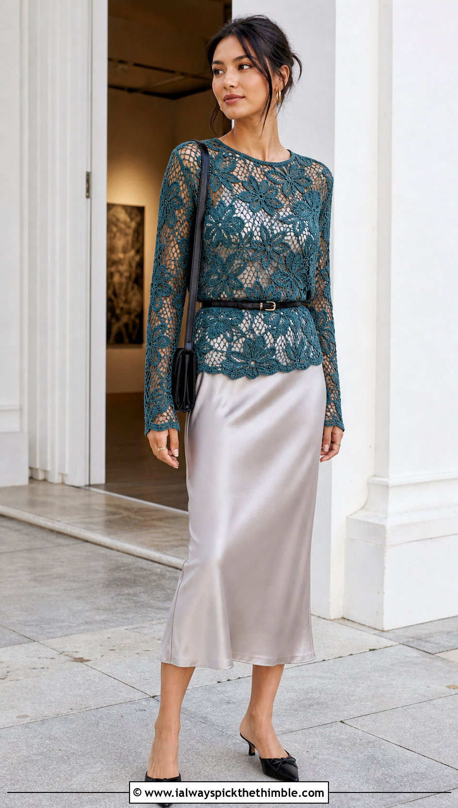 Floral Mesh Long Sleeve Top Over A Slip Dress - 15 Flower Crochet Top outfit ideas