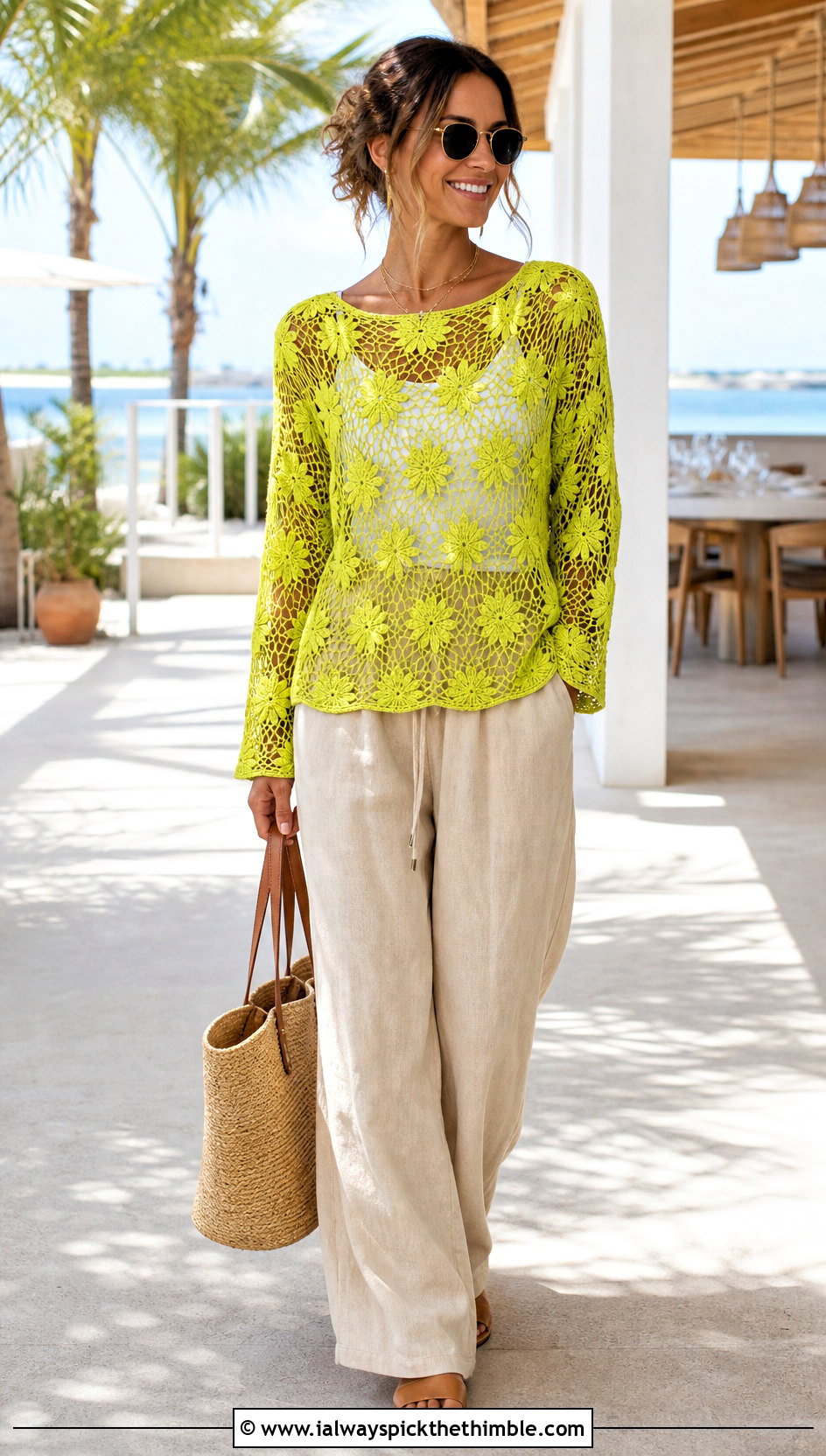 Floral Mesh Pullover With Linen Pants - 25 crochet sweater with flowers outfit ideas