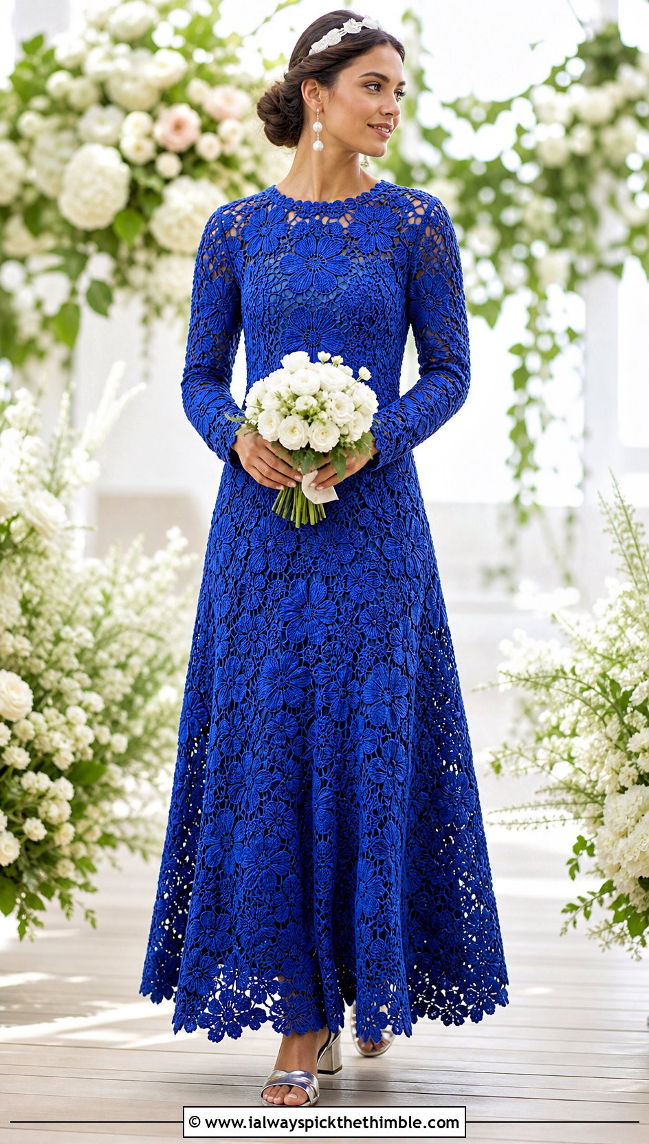 Floral Motif A Line Long Sleeve Crochet Wedding Dress - 15 long sleeve crochet wedding dress outfit ideas