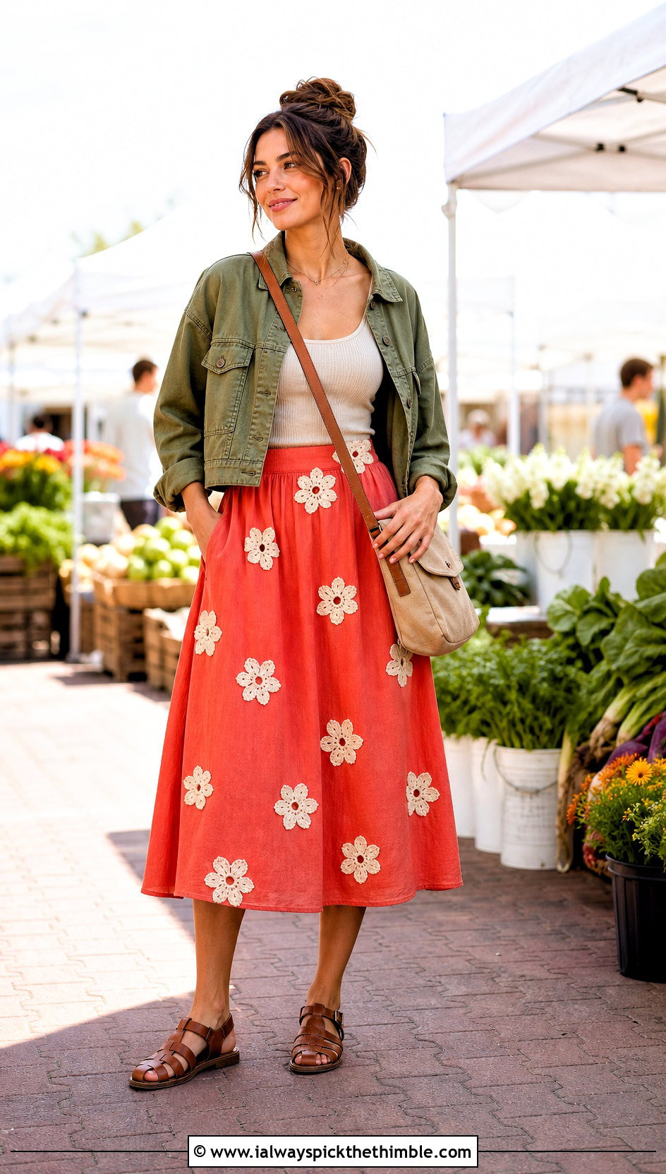 Floral Motif A Line Skirt With Utility Jacket - 20 Crochet A Line Skirt outfit ideas