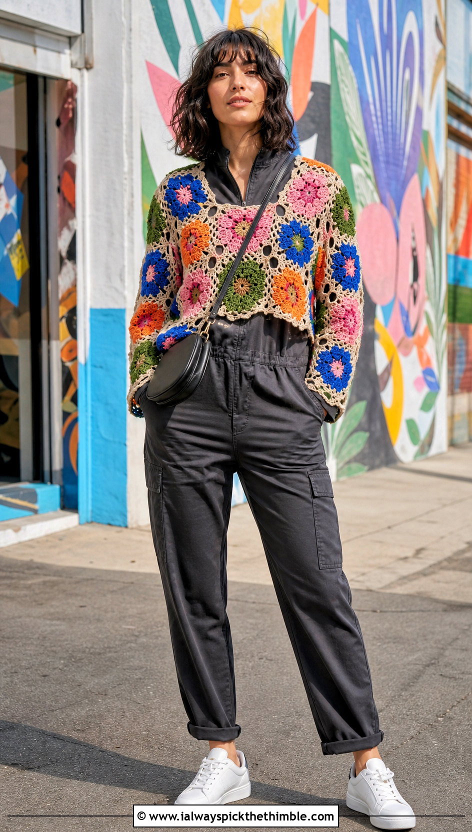 Floral Motif Azel Crochet Pullover Over A Utility Jumpsuit - 20 azel crochet pullover outfit ideas