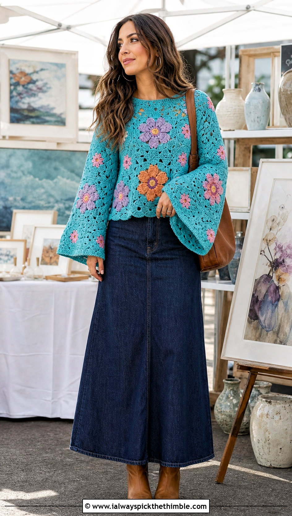 Floral Motif Bell Sleeve Crochet Sweater With Maxi Denim Skirt - 20 crochet sweater bell sleeves outfit ideas