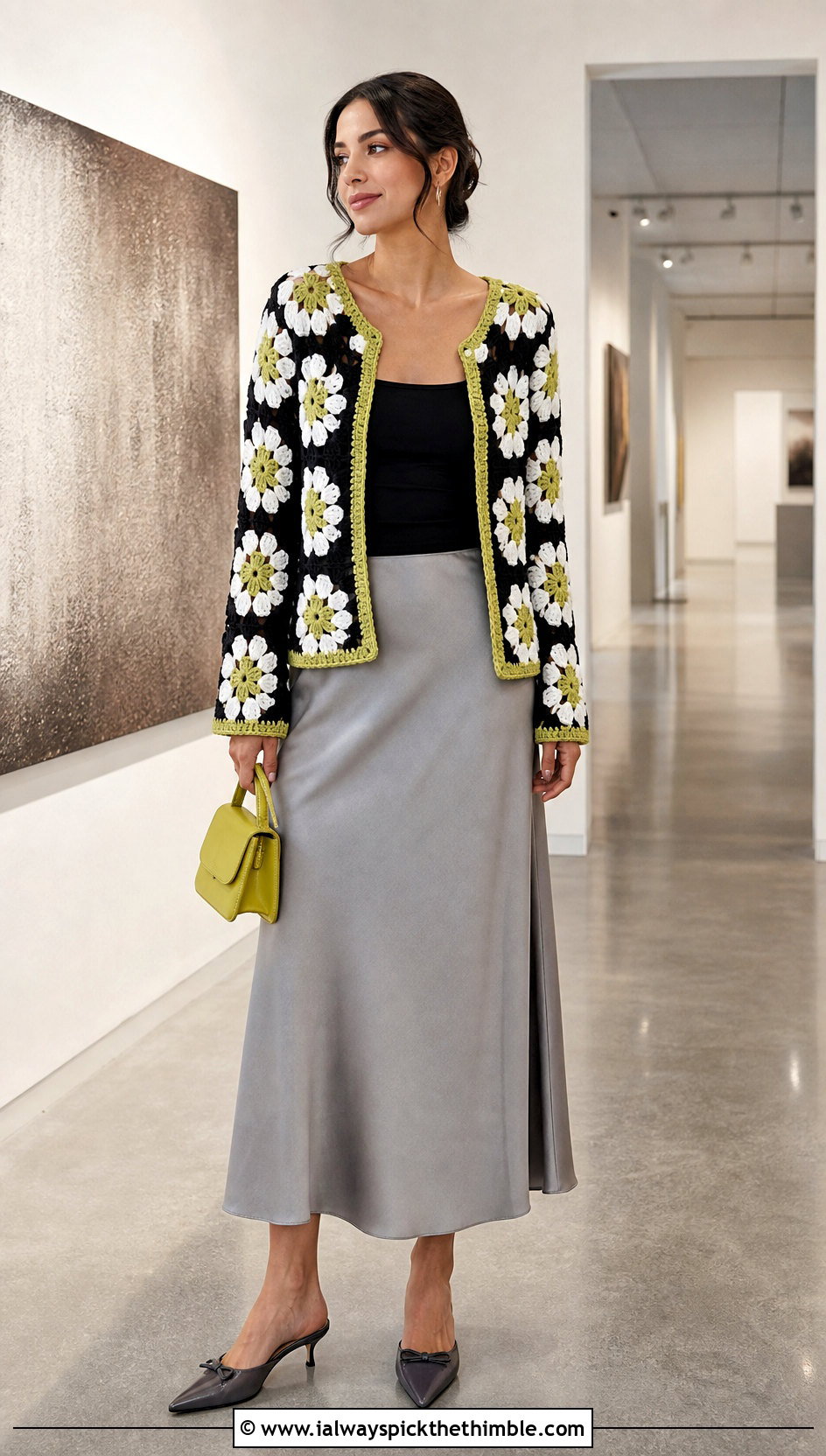 Floral Motif Black White Crochet Cardigan With Satin Skirt - 20 Black White Crochet Cardigan outfit ideas