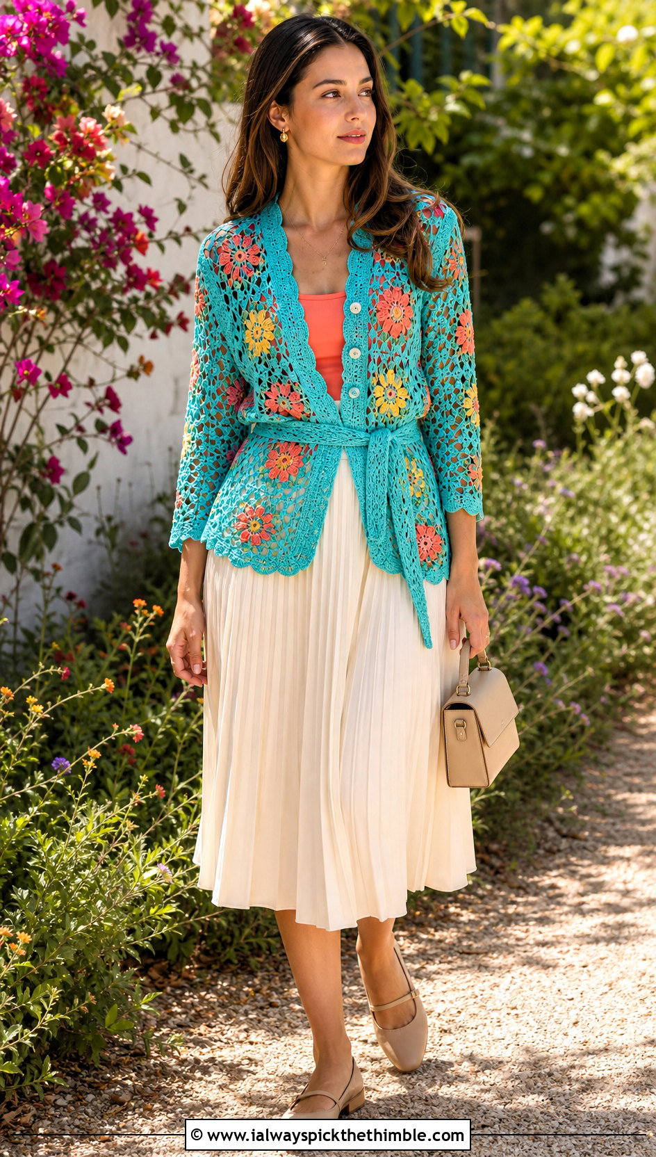 Floral Motif Buttoned Crochet Wrap With Pleated Midi Skirt - 15 Buttoned Crochet Wrap outfit ideas