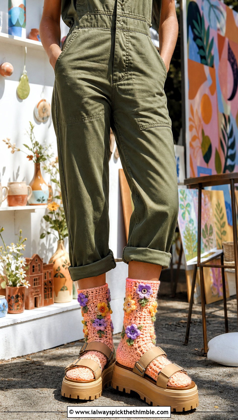 Floral Motif Chunky Crochet Socks With A Jumpsuit - 20 Chunky Crochet Socks outfit ideas