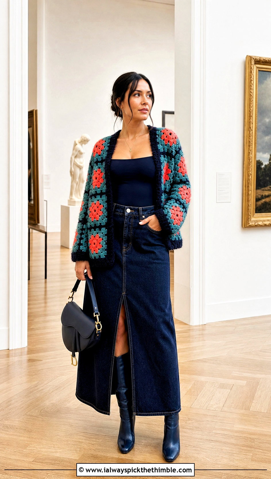 Floral Motif Chunky Granny Square Cardigan With Denim Maxi Skirt - 25 Chunky Granny Square Cardigan outfit ideas