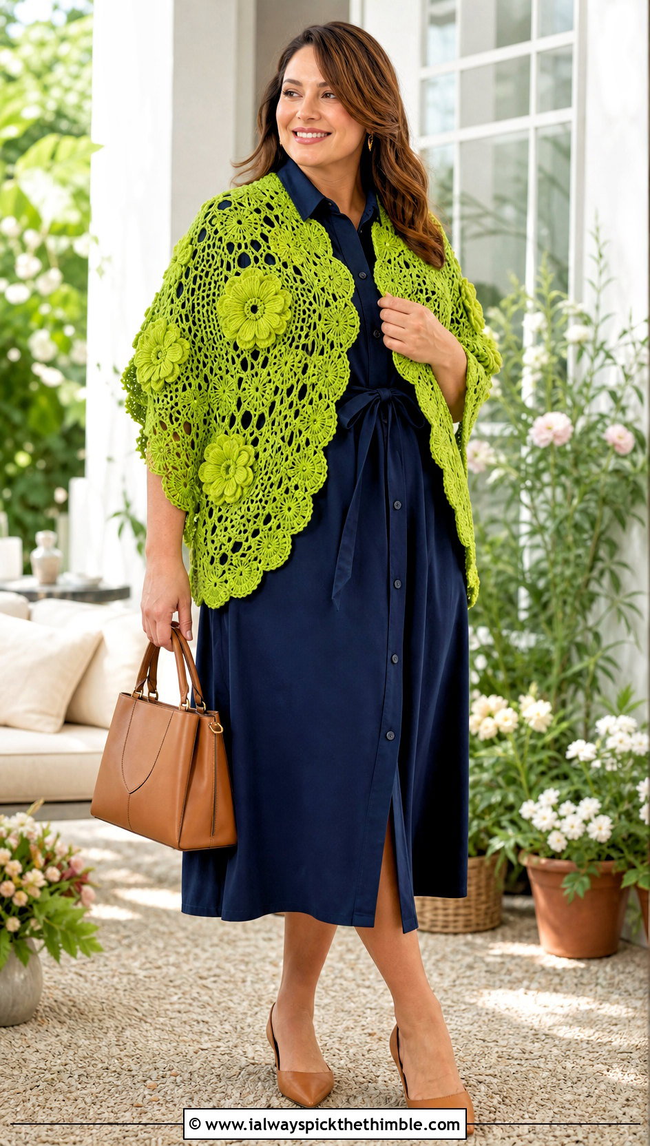 Floral Motif Circle Crochet Shawl With Shirt Dress - 20 Circle Crochet Shawl outfit ideas