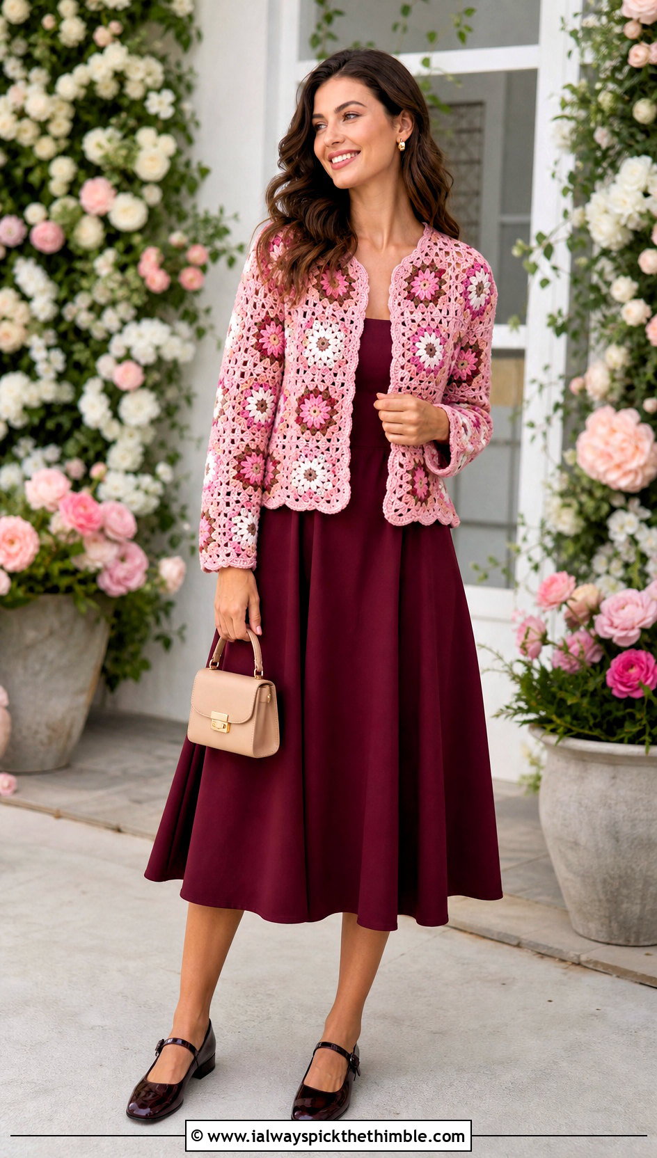 Floral Motif Circular Jacket With A Line Dress - 15 Crochet Circular Jacket outfit ideas