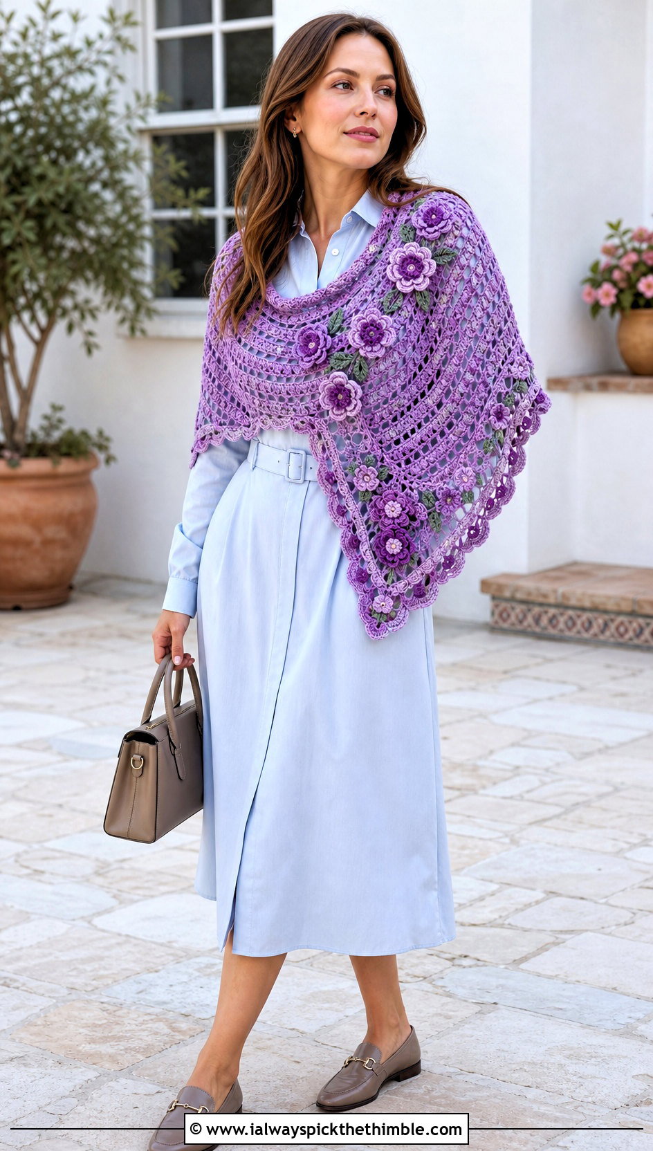 Floral Motif Crescent Crochet Shawl With Shirt Dress - 20 Crescent Crochet Shawl outfit ideas