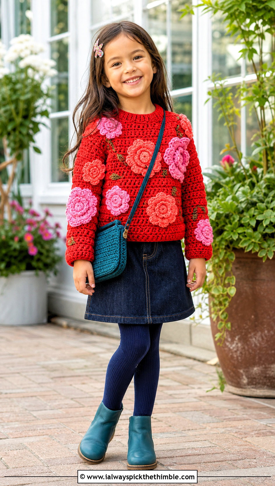 Floral Motif Crochet 5T Sweater With Denim Skirt - 15 crochet 5t sweater outfit ideas