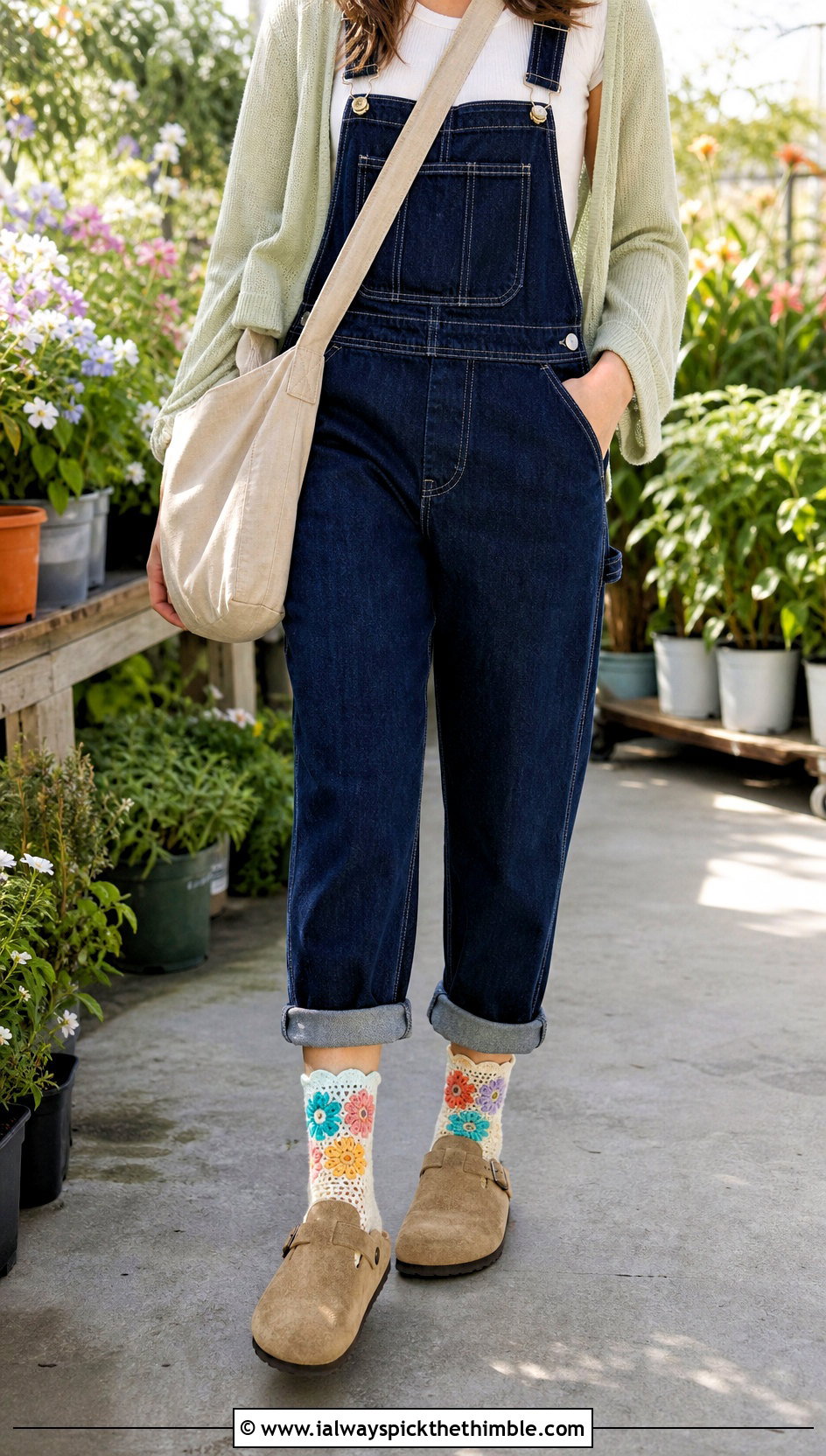 Floral Motif Crochet Ankle Socks With Overalls - 25 crochet socks for beginners outfit ideas