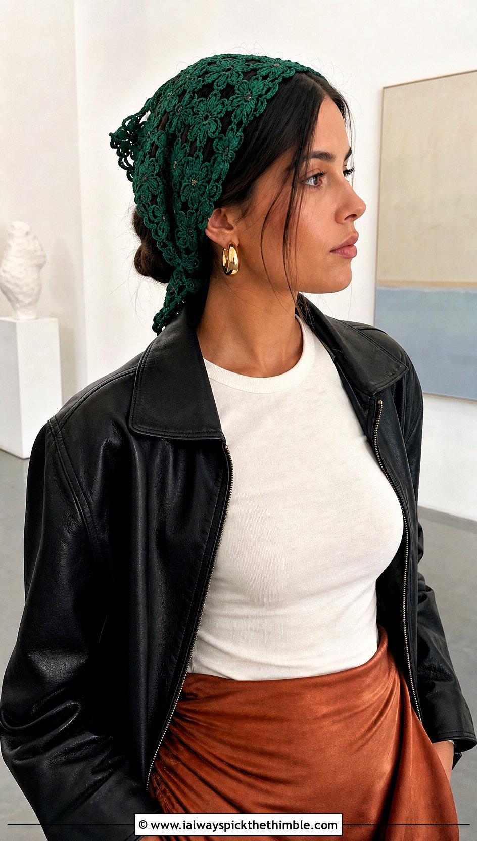 Floral Motif Crochet Bandana Scarf With Leather Jacket - 25 crochet bandana scarf outfit ideas