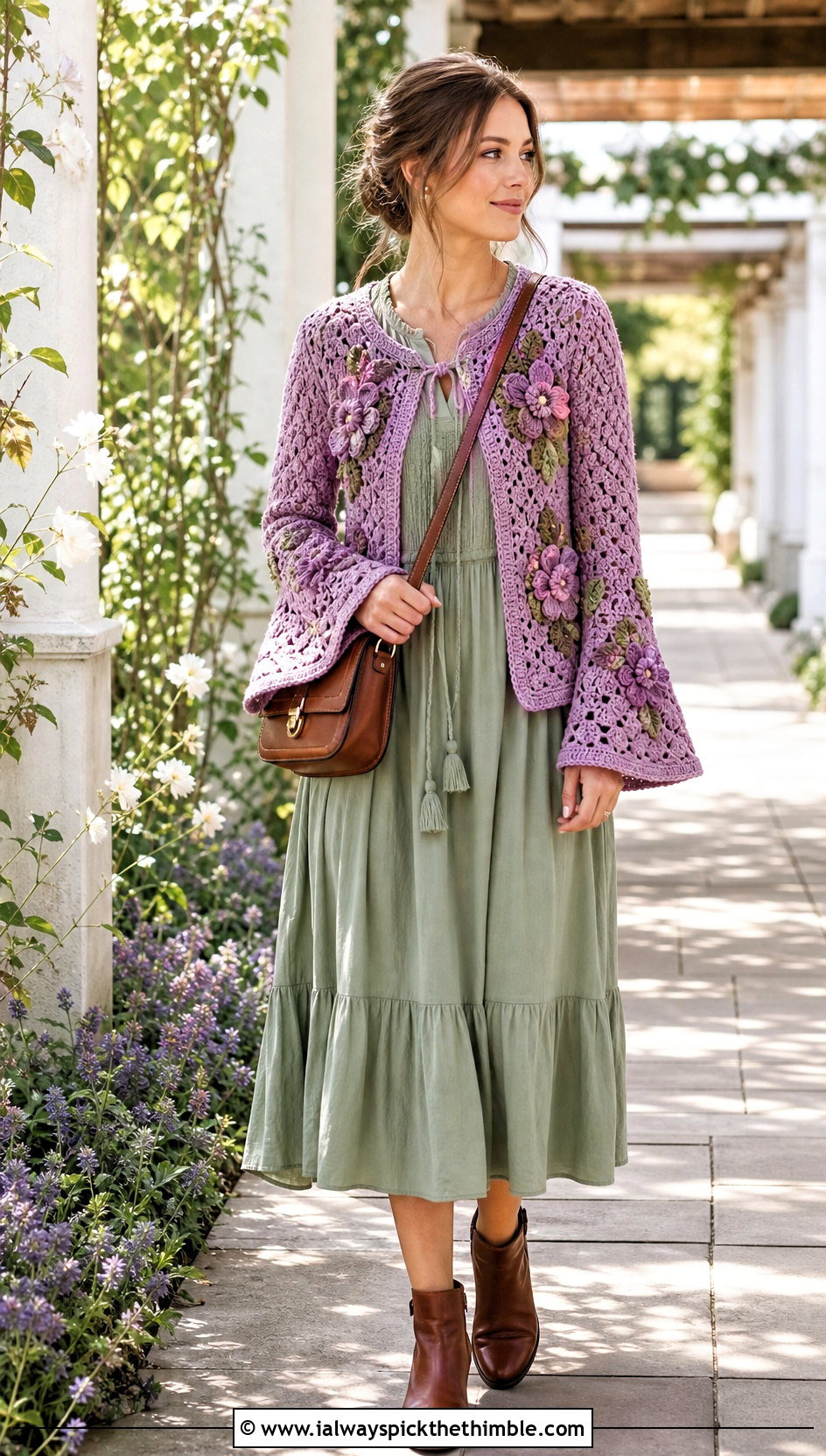 Floral Motif Crochet Bell Sleeve Cardigan With Prairie Midi Dress - 20 crochet bell sleeve cardigan outfit ideas