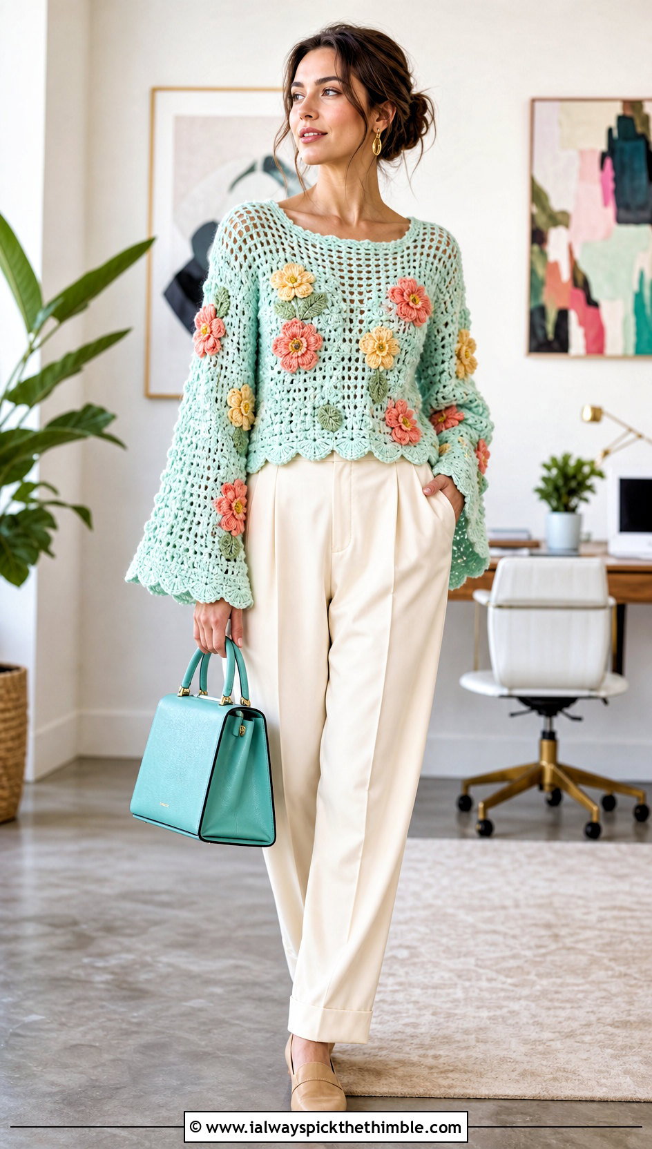 Floral Motif Crochet Bell Sleeve Sweater With Pleated Trousers - 20 crochet bell sleeve sweater outfit ideas