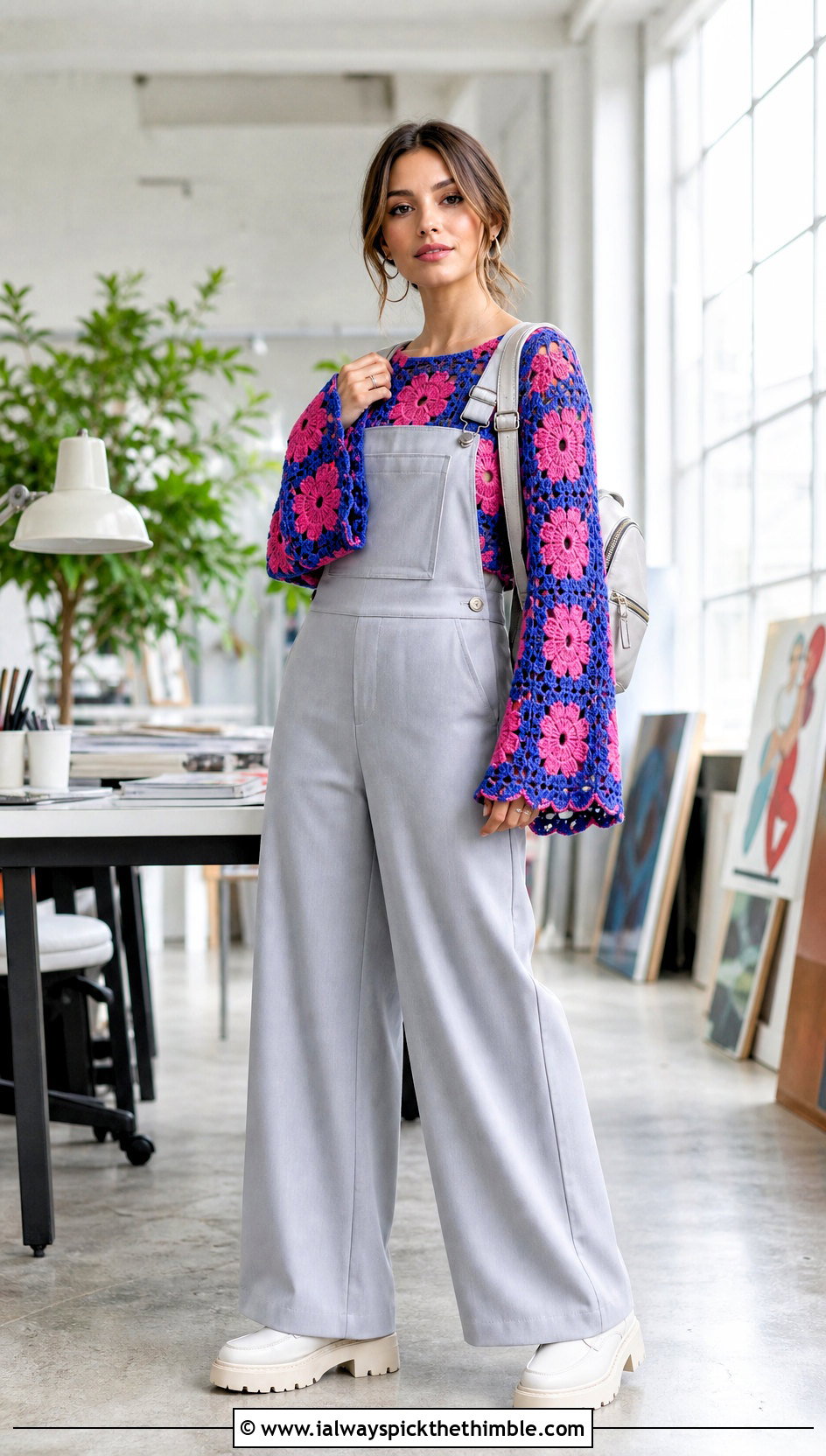 Floral Motif Crochet Bell Sleeve Sweater With Tailored Overalls - 20 Crochet Sweater With Bell Sleeves outfit ideas