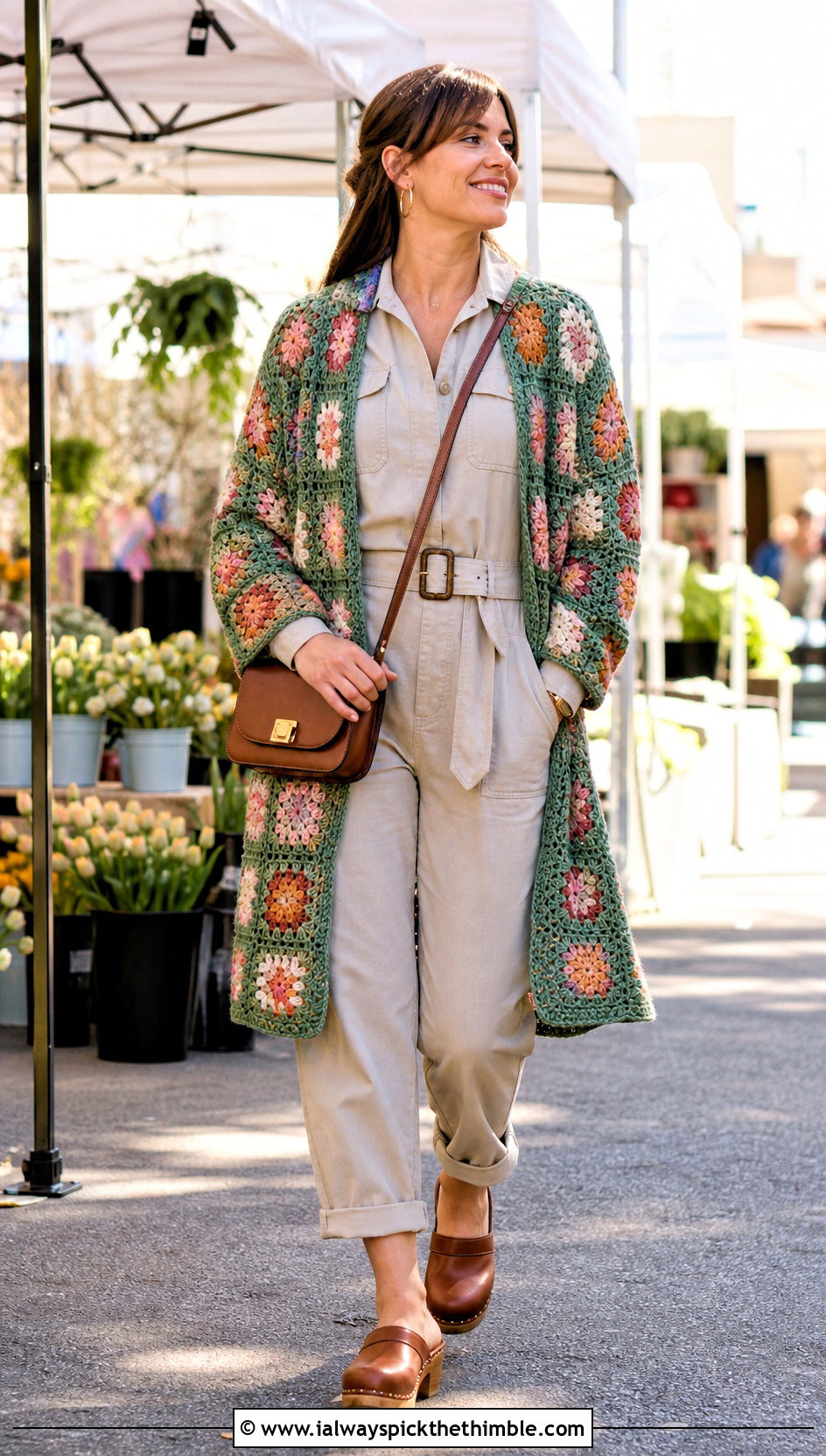 Floral Motif Crochet Blanket Cardigan With Utility Jumpsuit - 25 crochet blanket cardigan outfit ideas