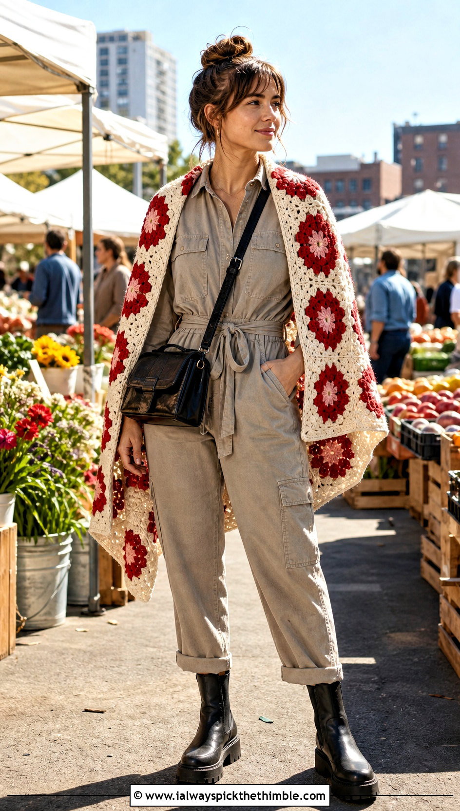 Floral Motif Crochet Blanket Shawl With Utility Jumpsuit - 15 Crochet Shawl Blanket outfit ideas