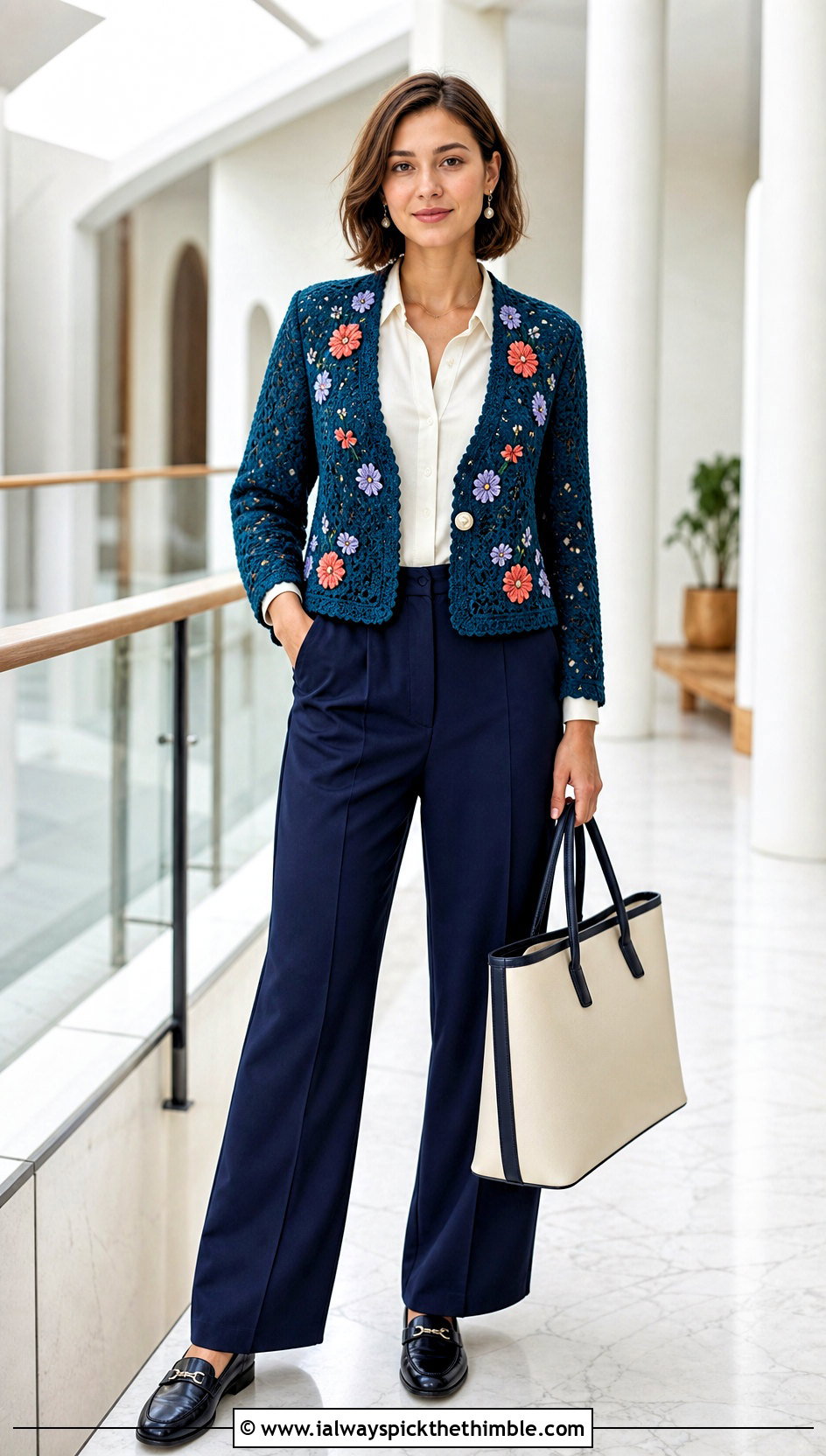 Floral Motif Crochet Blazer Jacket With Tailored Trousers - 15 Colorful Crochet Jacket Design outfit ideas