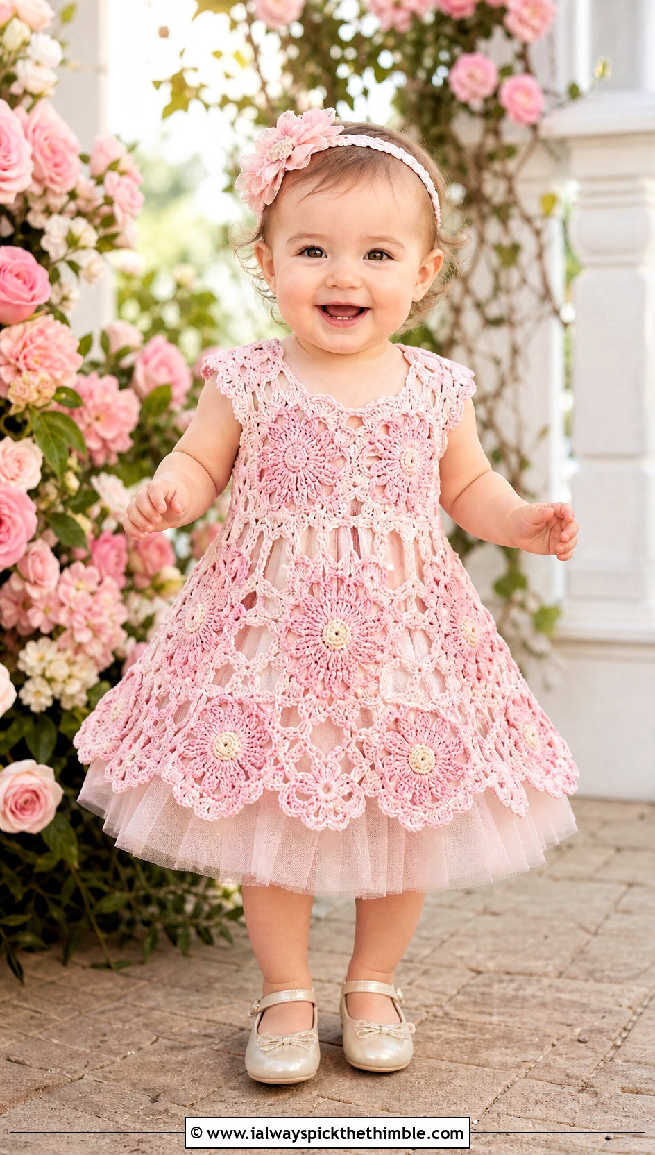 Floral Motif Crochet Blessing Dress With Tulle Underskirt - 15 Crochet Blessing Dress outfit ideas