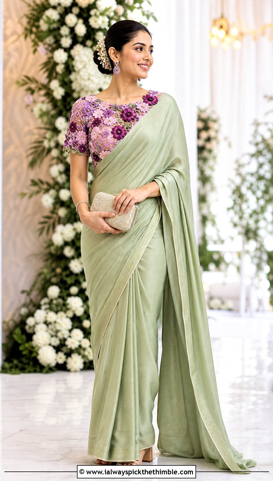 Floral Motif Crochet Blouse With Plain Silk Saree - 25 Crochet Blouse For Saree outfit ideas