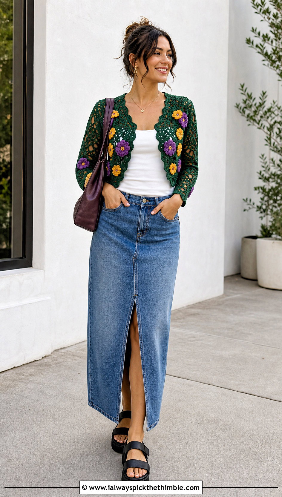 Floral Motif Crochet Bolero With Denim Maxi Skirt - 20 Crochet Bolero Sweater outfit ideas