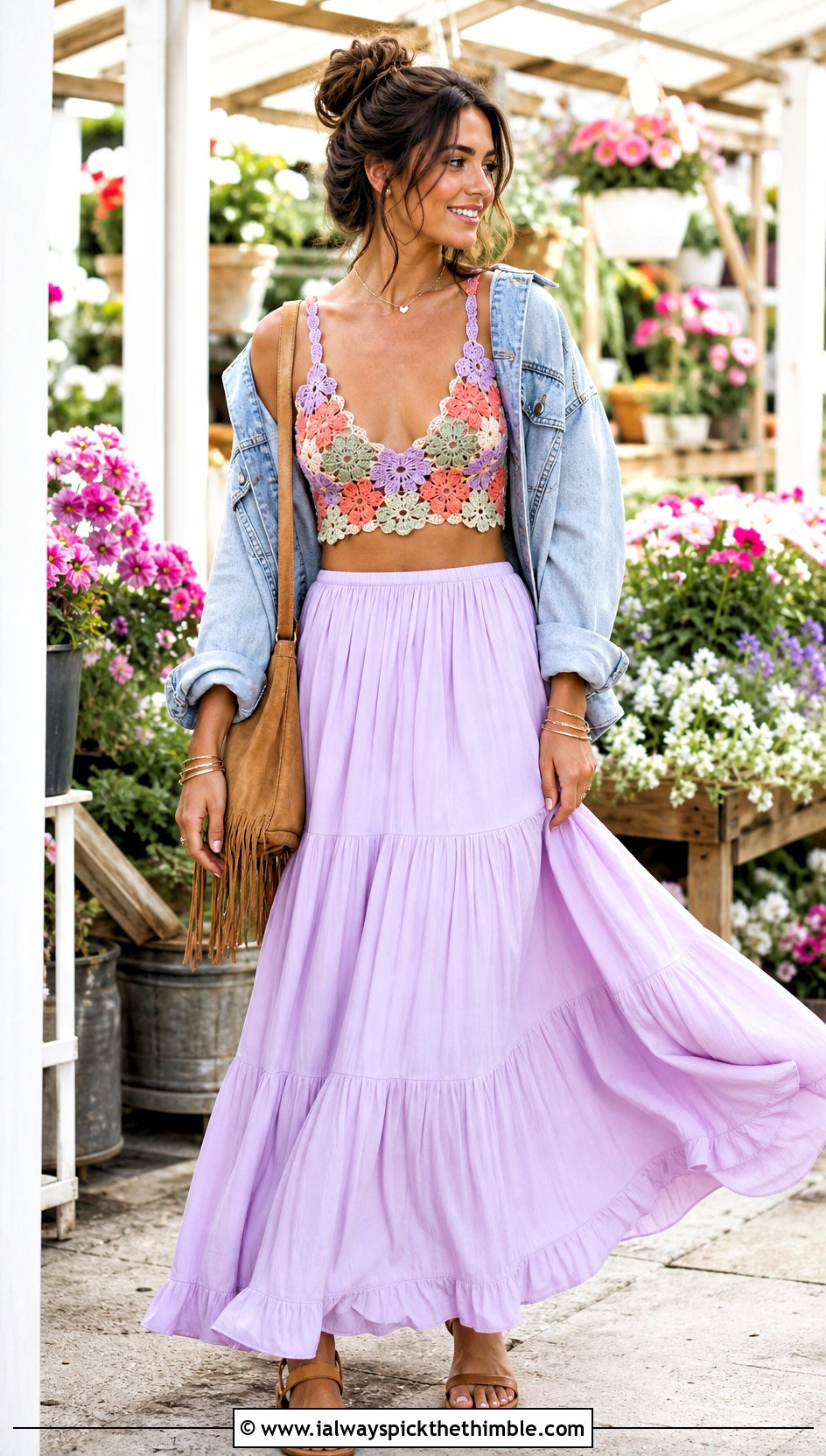 Floral Motif Crochet Bralette With Tiered Maxi Skirt - 15 boho crochet bralette outfit ideas