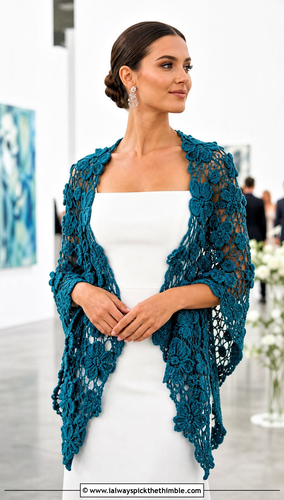 Floral Motif Crochet Bridal Shawl With Crepe Column Dress - 20 Crochet Bridal Shawl outfit ideas