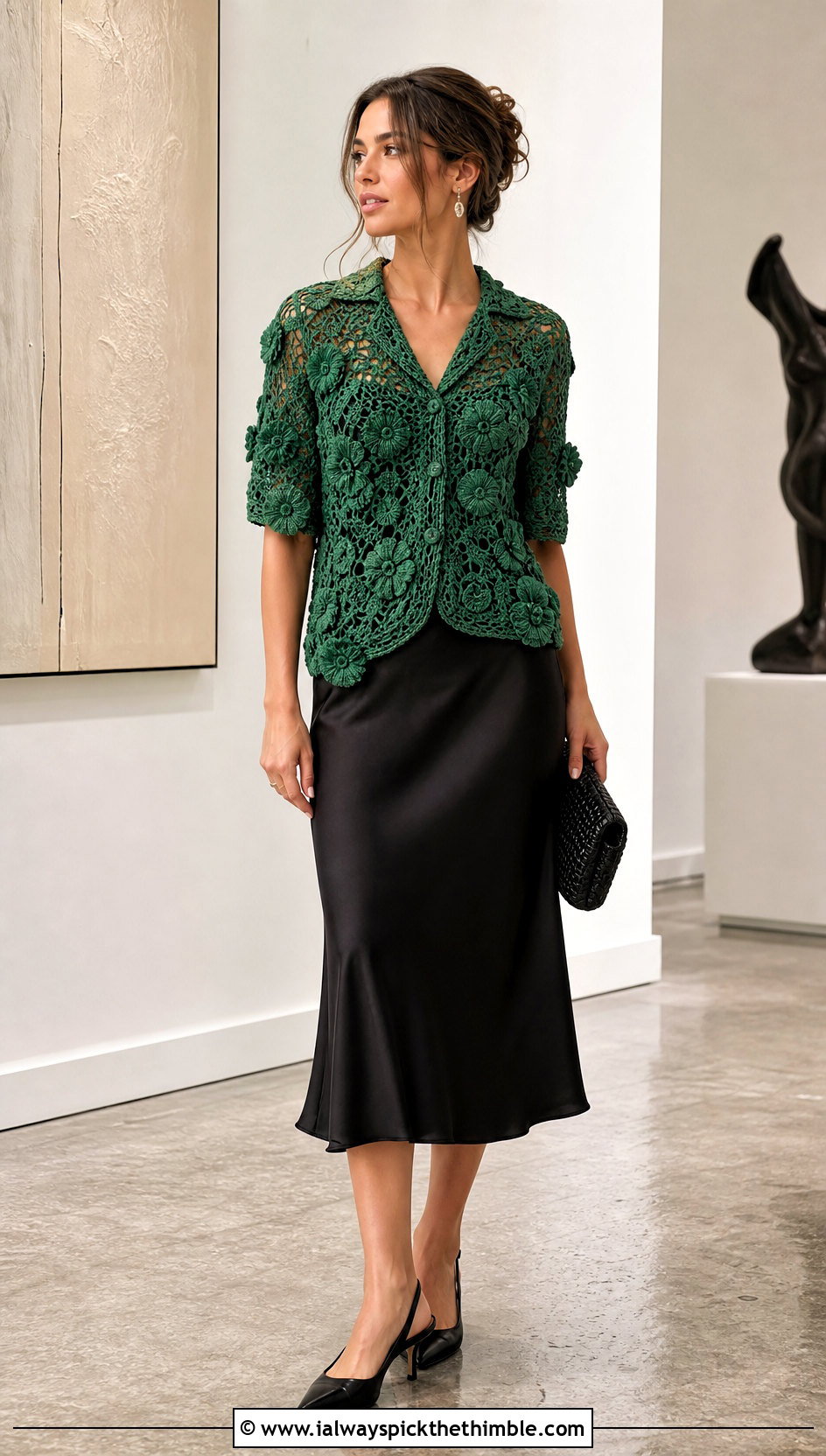 Floral Motif Crochet Button Up Shirt With Satin Skirt - 25 crochet button up shirt outfit ideas