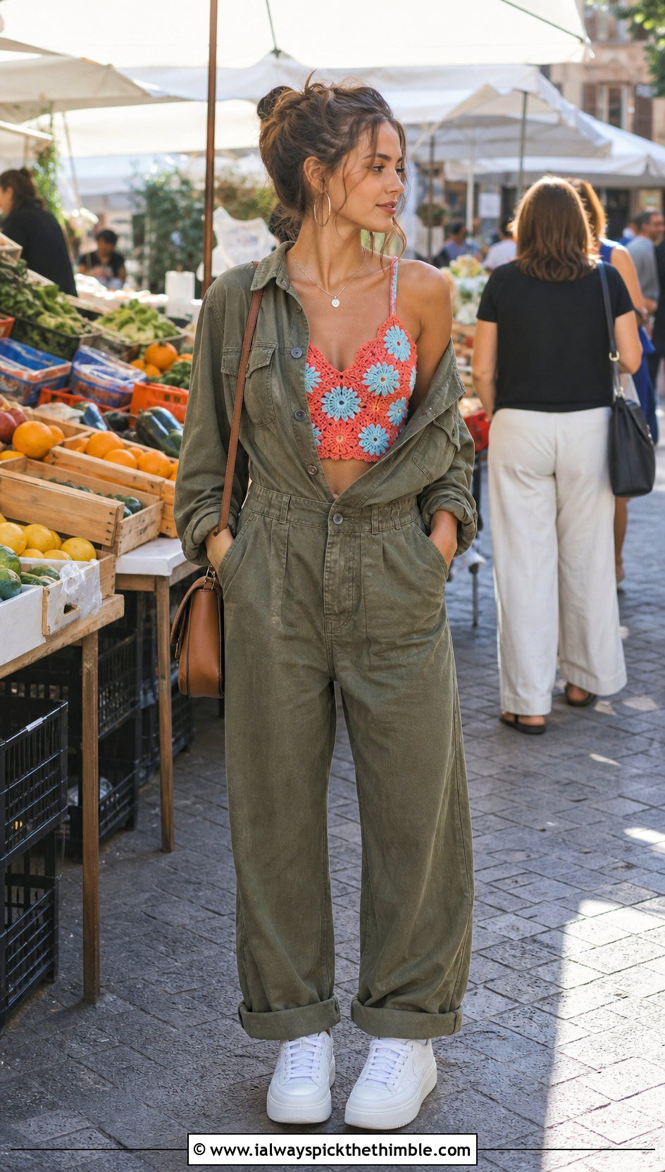 Floral Motif Crochet Cami With Utility Jumpsuit - 20 Crochet Top With Holes outfit ideas