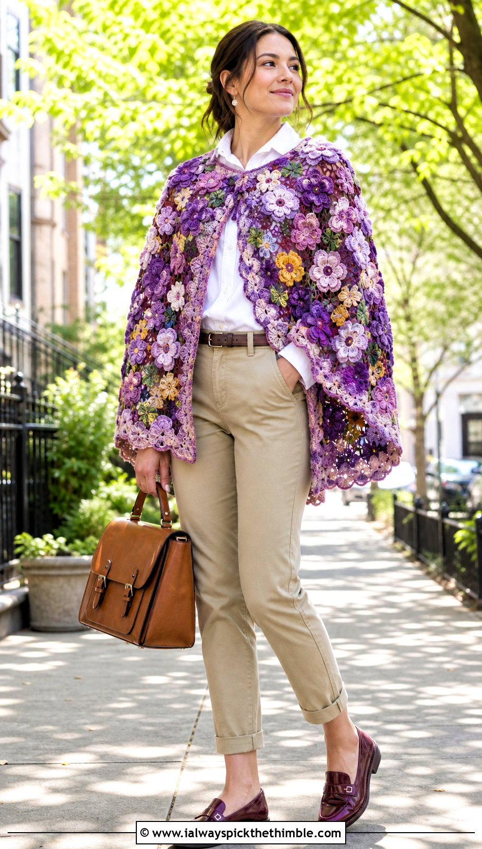 Floral Motif Crochet Cape With A White Shirt And Chinos - 25 crochet cape outfit ideas