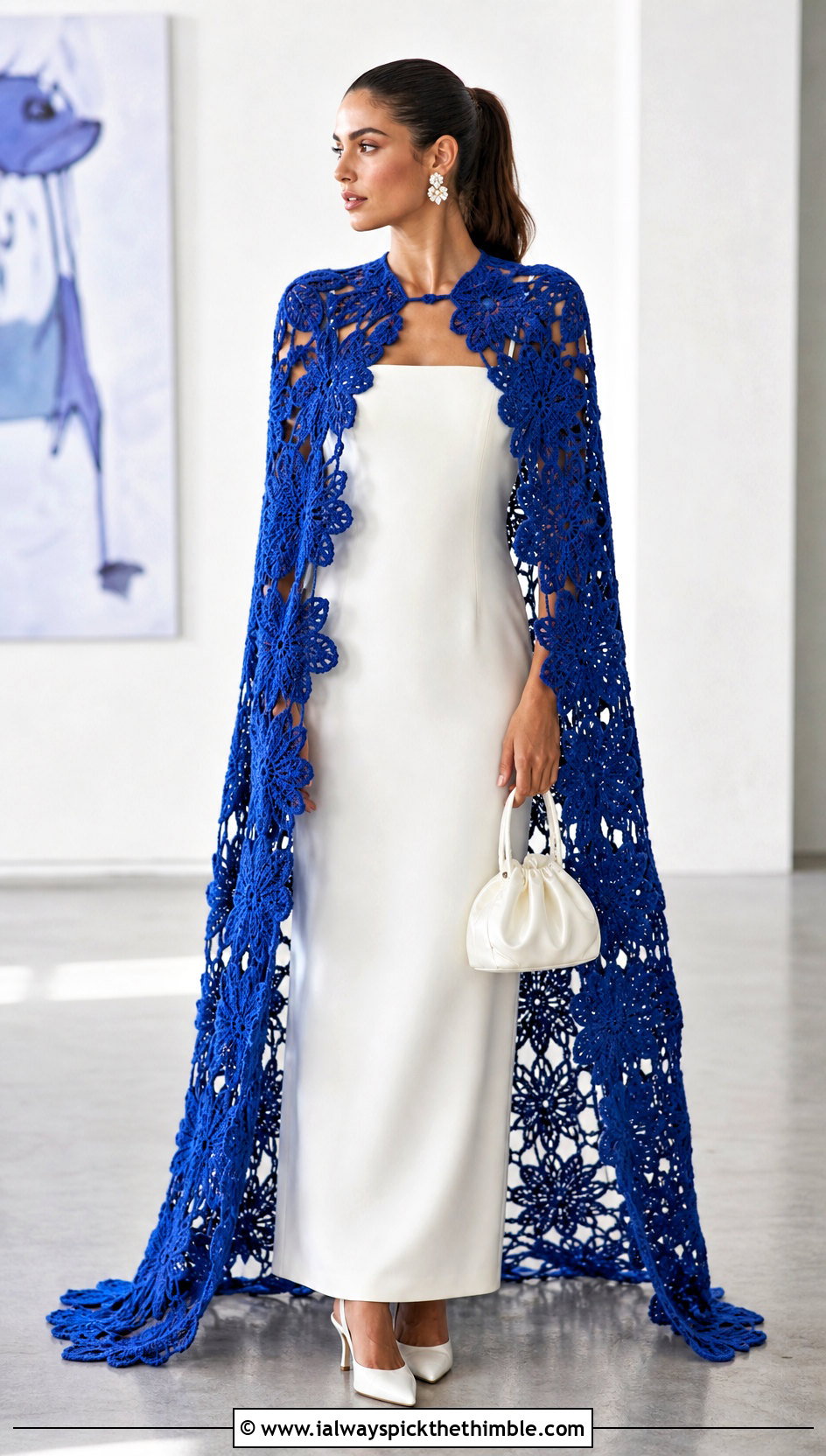 Floral Motif Crochet Cape With Crepe Column Dress - 20 Crochet Wedding Cape outfit ideas