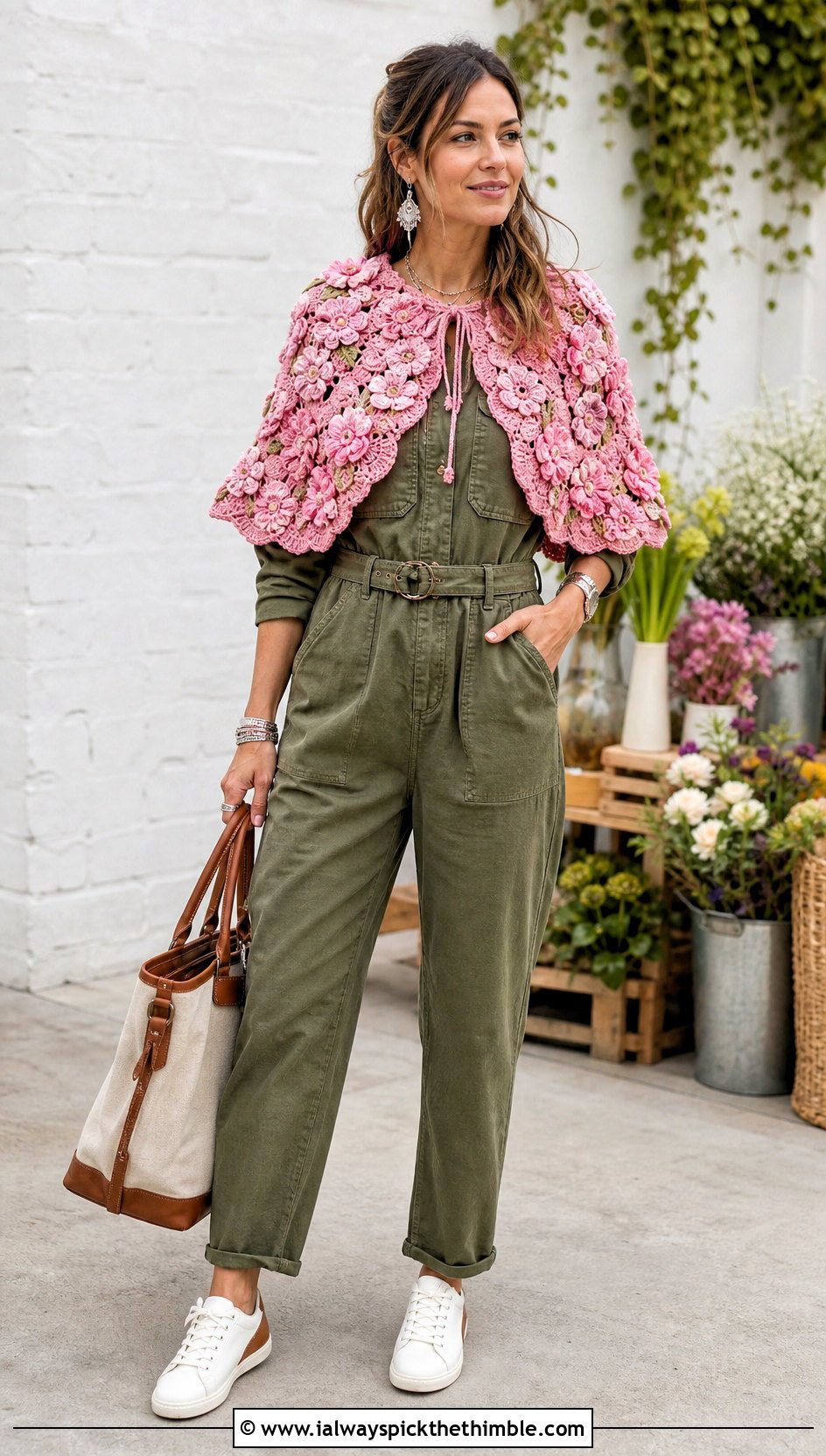 Floral Motif Crochet Capelet With Utility Jumpsuit - 25 crochet capelet outfit ideas