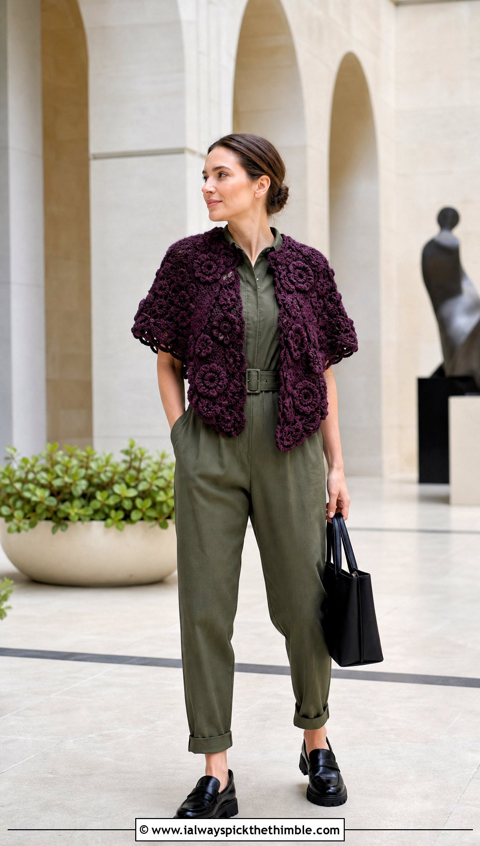 Floral Motif Crochet Caplet Shawl With Utility Jumpsuit - 20 crochet caplet shawl outfit ideas
