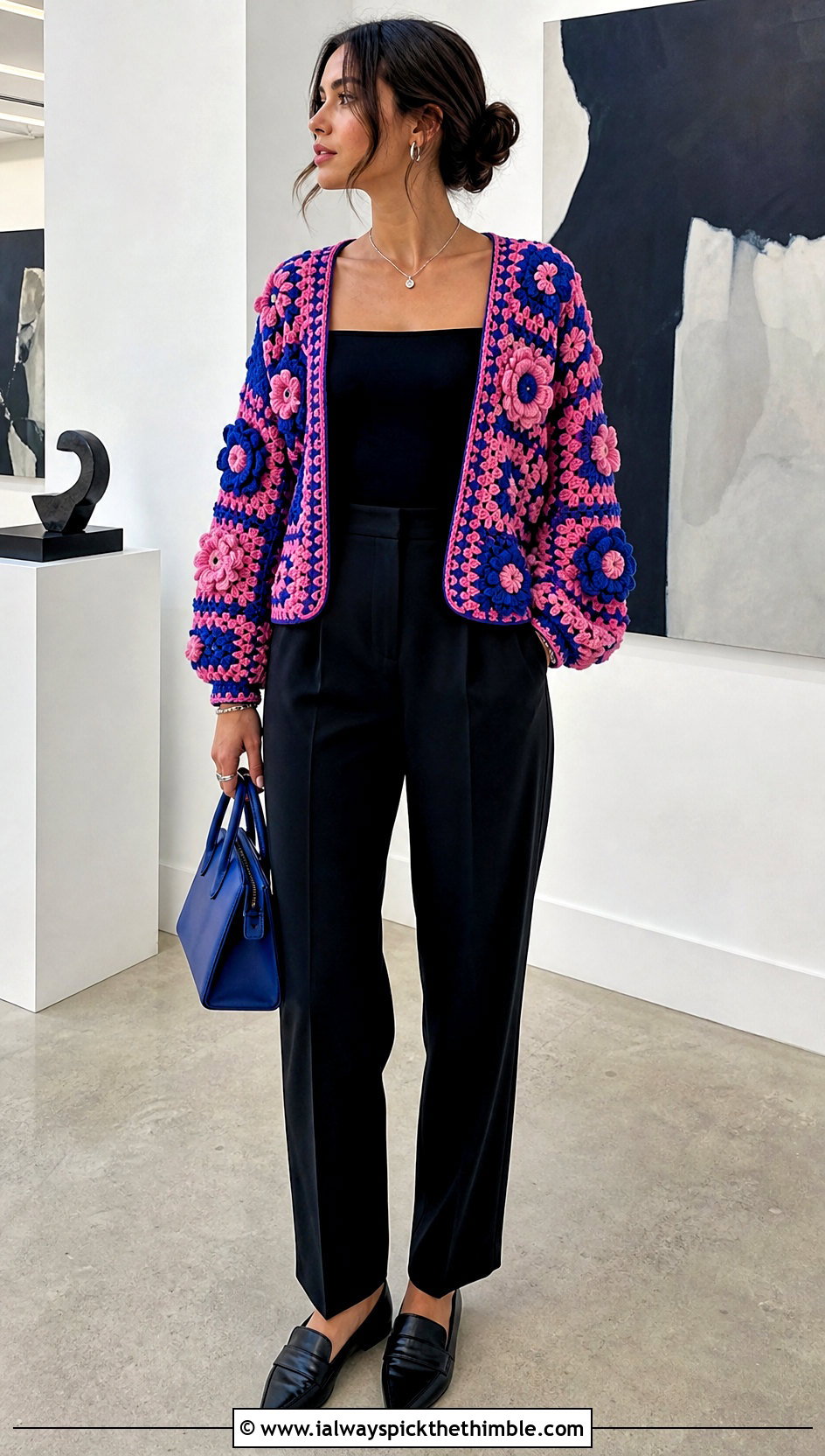 Floral Motif Crochet Cardigan With Black Trousers - 15 Crochet Womens Cardigans outfit ideas