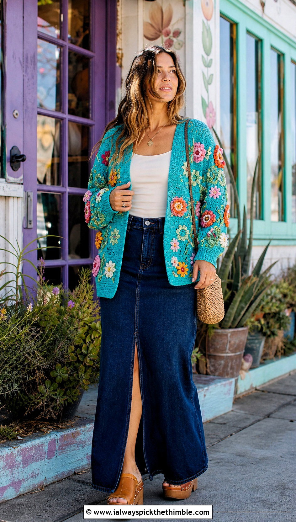 Floral Motif Crochet Cardigan With Denim Maxi Skirt - 20 bohemian crochet cardigan outfit ideas