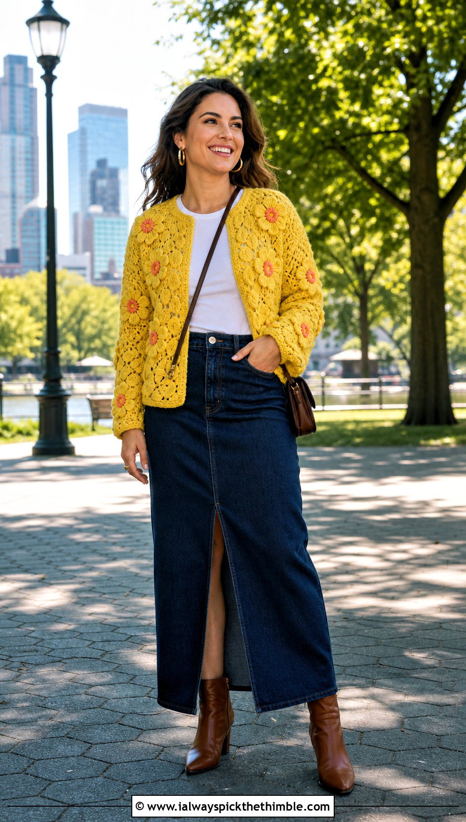 Floral Motif Crochet Cardigan With Denim Maxi Skirt - 15 crazy classic crochet cardigan outfit ideas