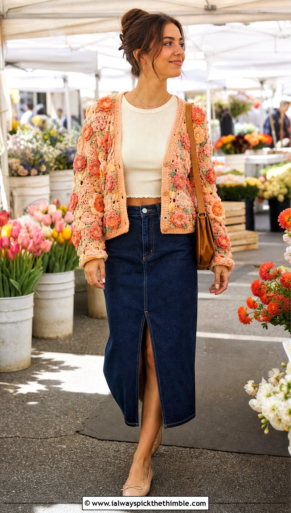 Floral Motif Crochet Cardigan With Denim Midi Skirt - 20 fast crochet cardigan outfit ideas