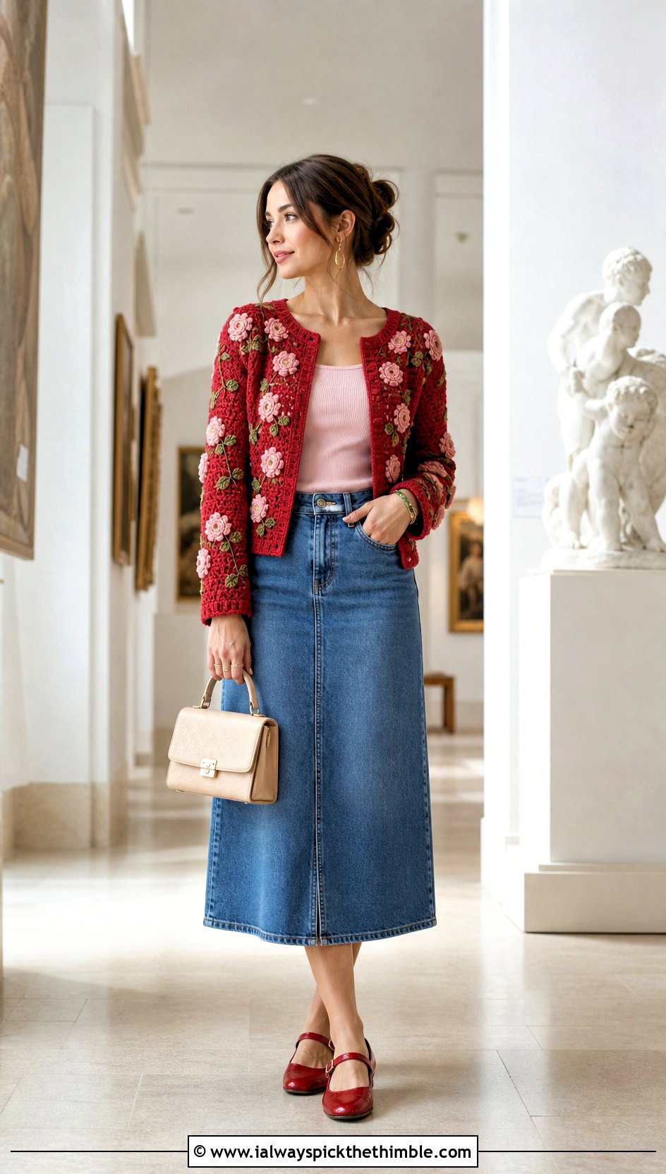 Floral Motif Crochet Cardigan With Denim Midi Skirt - 25 crochet cardigan for women outfit ideas
