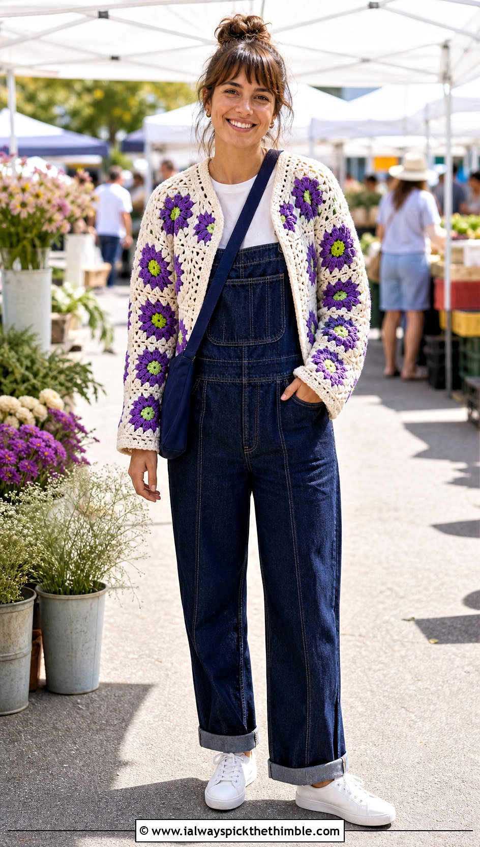 Floral Motif Crochet Cardigan With Denim Overalls - 20 basic crochet cardigan outfit ideas