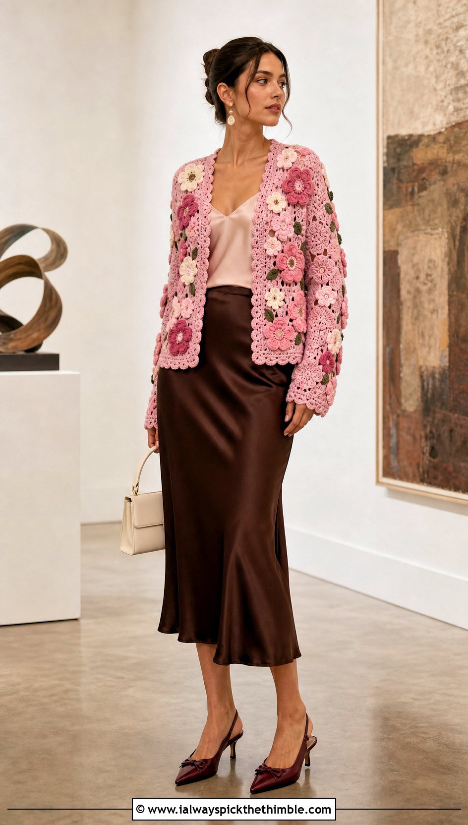 Floral Motif Crochet Cardigan With Satin Midi Skirt - 20 Lacy Crochet Cardigan outfit ideas
