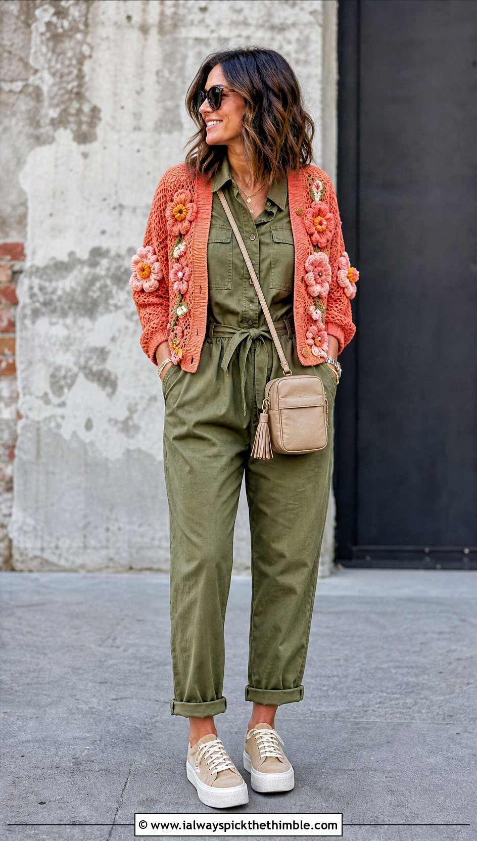 Floral Motif Crochet Cardigan With Utility Jumpsuit - 20 Modern Crochet Cardigan outfit ideas