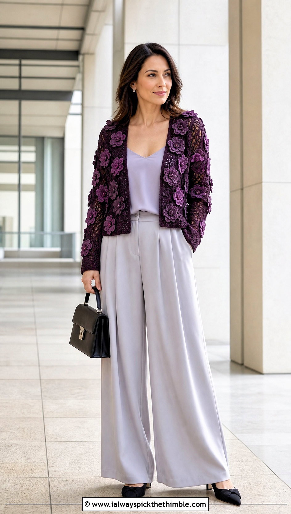 Floral Motif Crochet Cardigan With Wide Leg Trousers - 15 Easy Crochet Cardigan For Women outfit ideas
