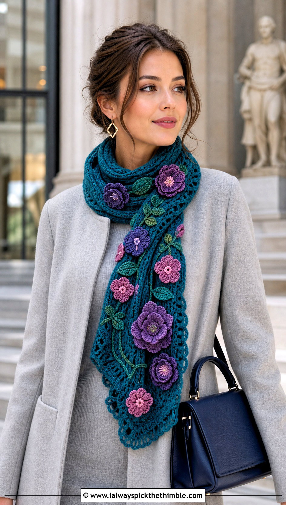 Floral Motif Crochet Cashmere Scarf With Minimalist Coat - 20 crochet cashmere scarf outfit ideas