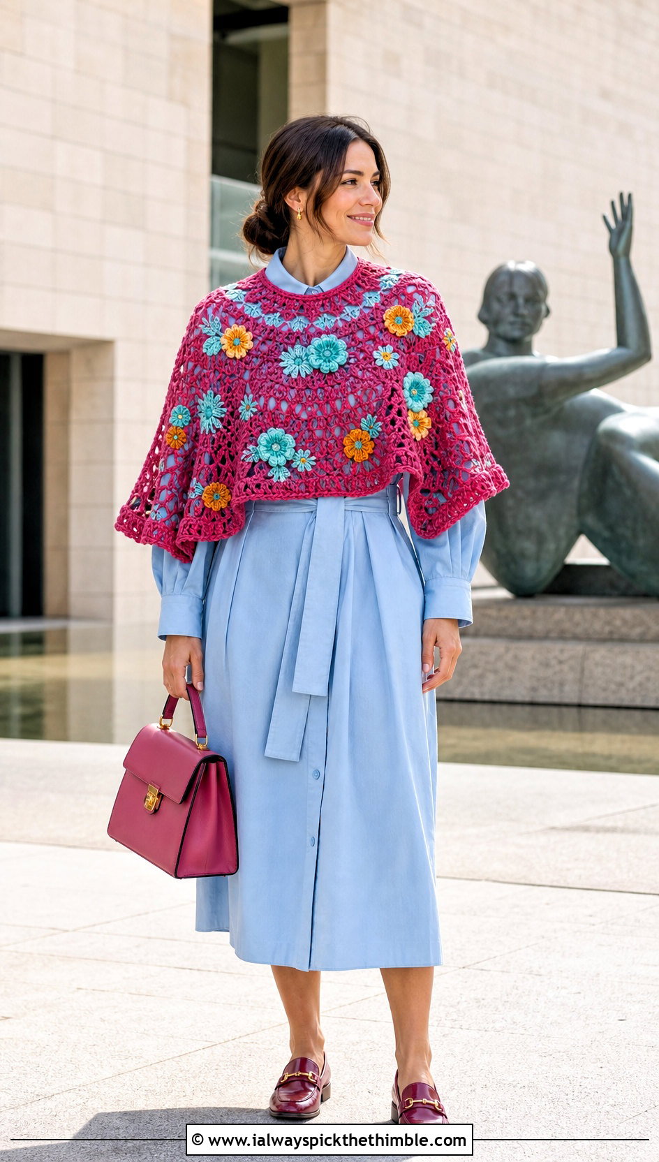 Floral Motif Crochet Circular Poncho With Shirt Dress - 20 Crochet Circular Poncho outfit ideas