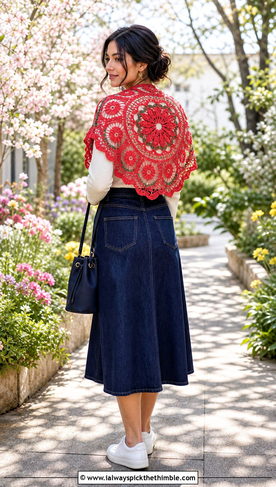 Floral Motif Crochet Circular Shawl With a Denim Midi Skirt - 20 crochet circular shawl outfit ideas
