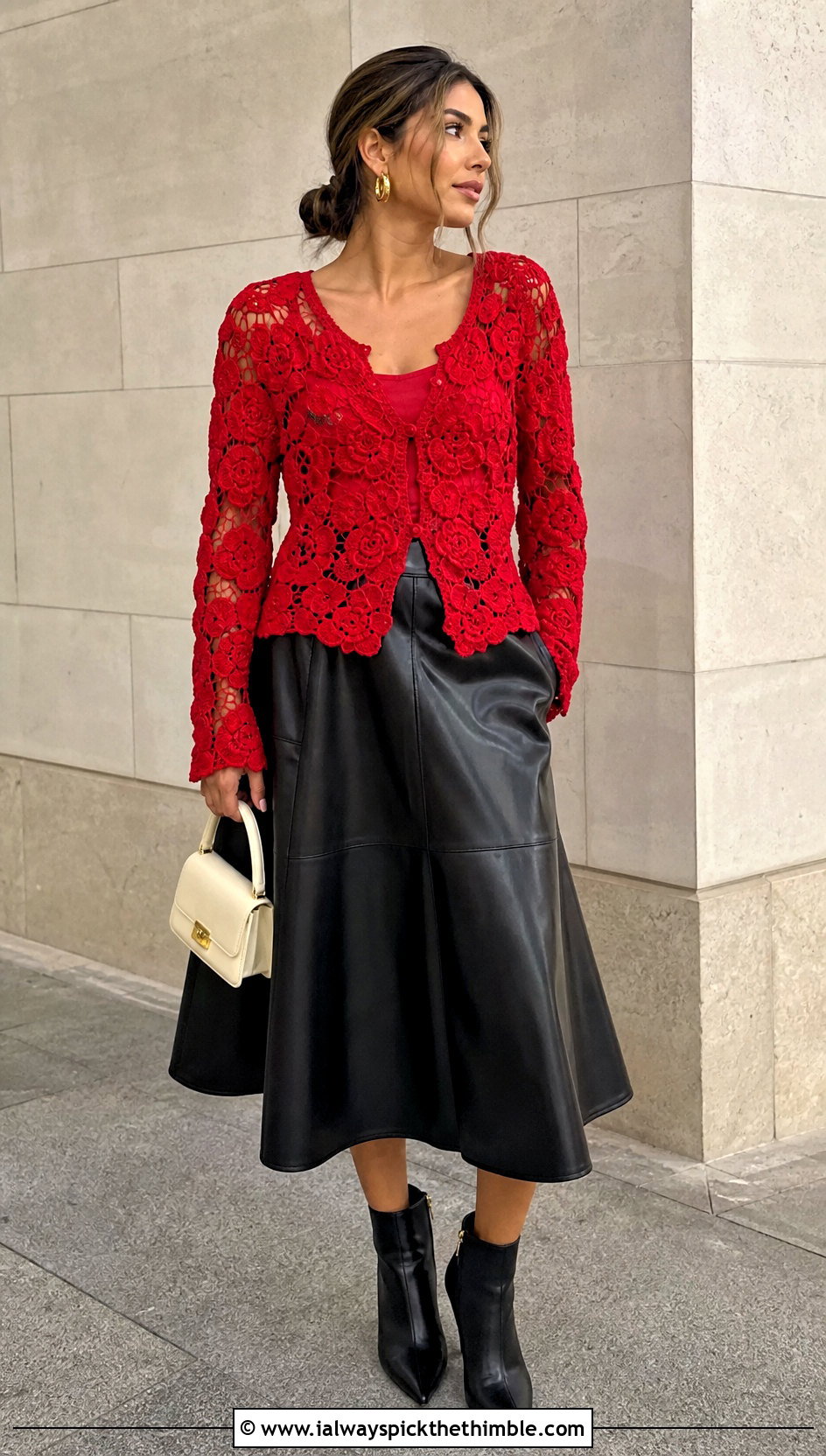 Floral Motif Crochet Cleo Top With Leather Skirt - 20 crochet cleo top outfit ideas