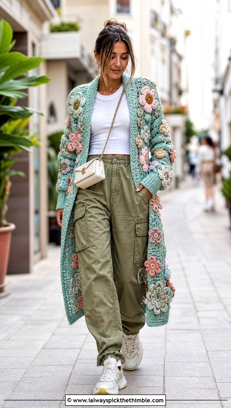 Floral Motif Crochet Coat With Cargo Pants - 20 crochet coat ideas