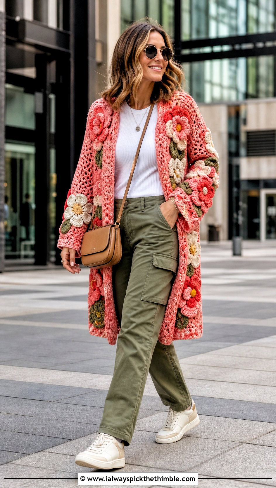 Floral Motif Crochet Coat With Cargo Pants - 20 Crochet Coat For Women outfit ideas