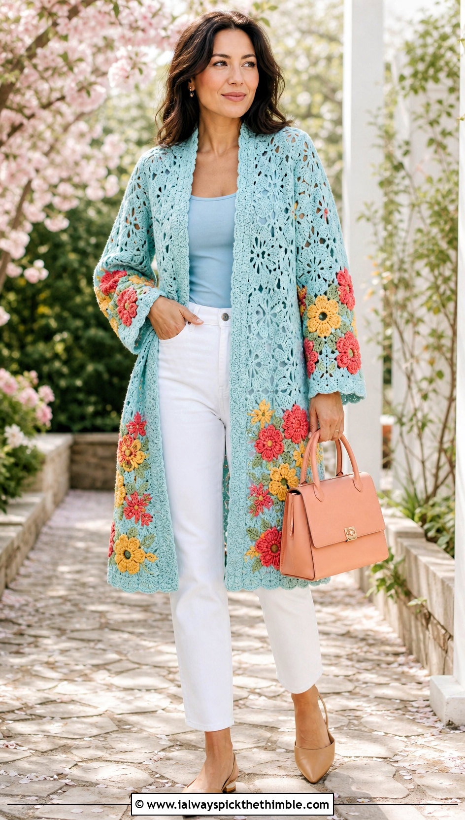 Floral Motif Crochet Coat With White Denim - 25 crochet coat outfit ideas